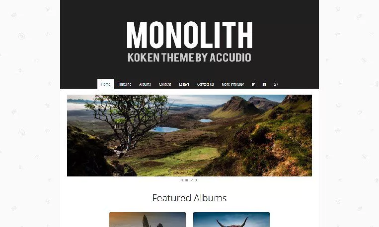 Screenshot of a website. The headers says Monolith - Koken Theme by Accudio